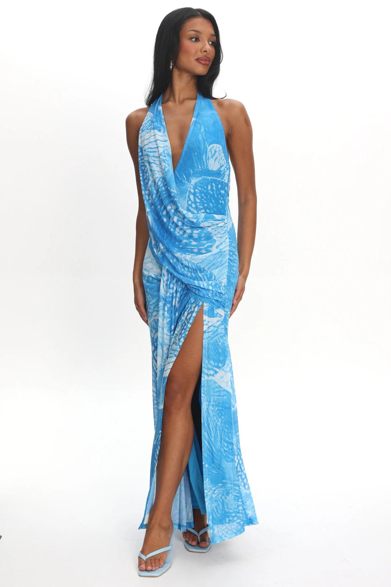 Palomino Plunging Halter Maxi Dress Print Blue