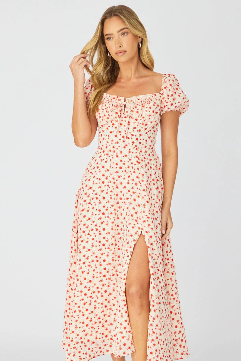 White Ditsy Midi Dress Puff Sleeve