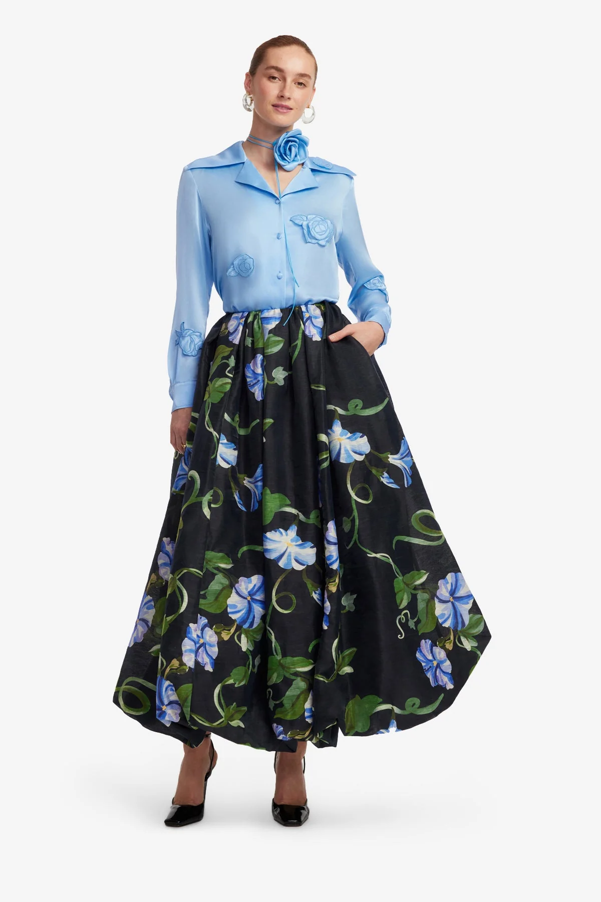 Kristina Appliqué Silk Blouse - Pastel Blue