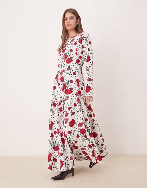 slash neck maxi dress with full skirt in floral polkadot