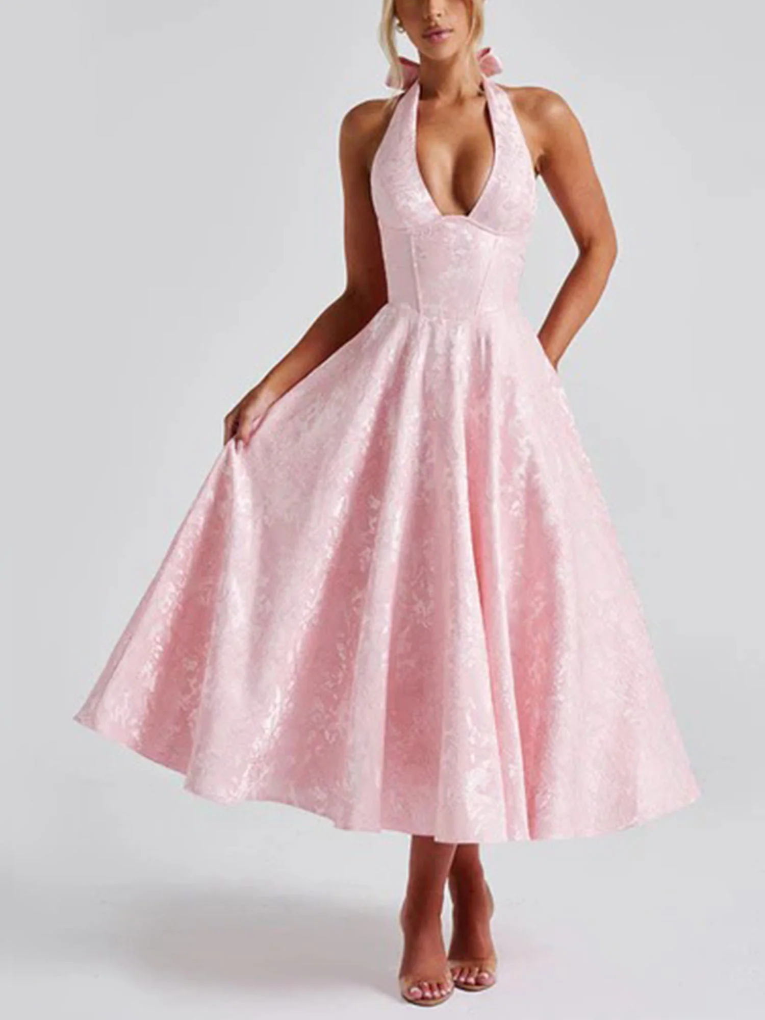 Pink Halter Flared Midi Dress