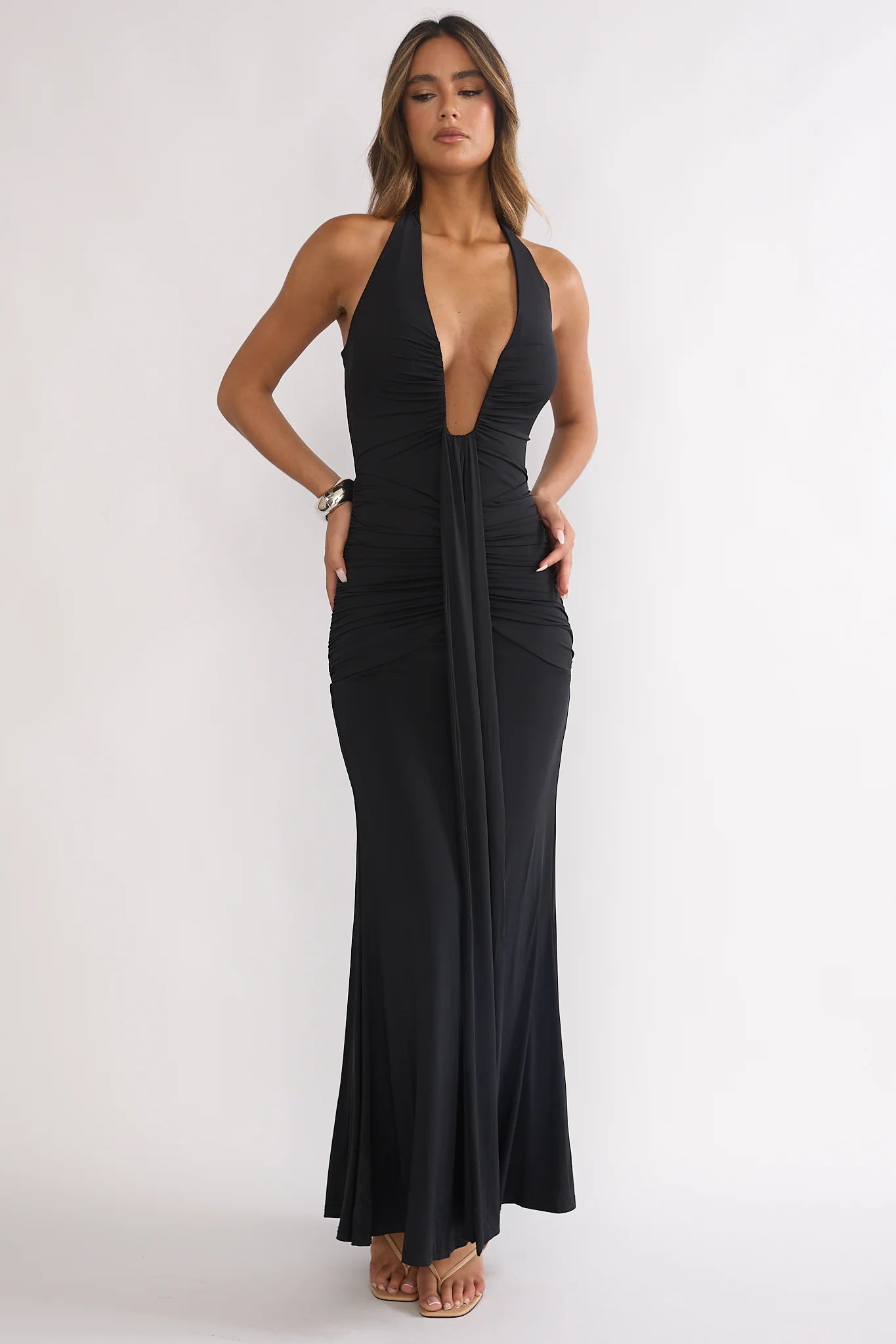 Brienna Halter Ruched Maxi Dress Black