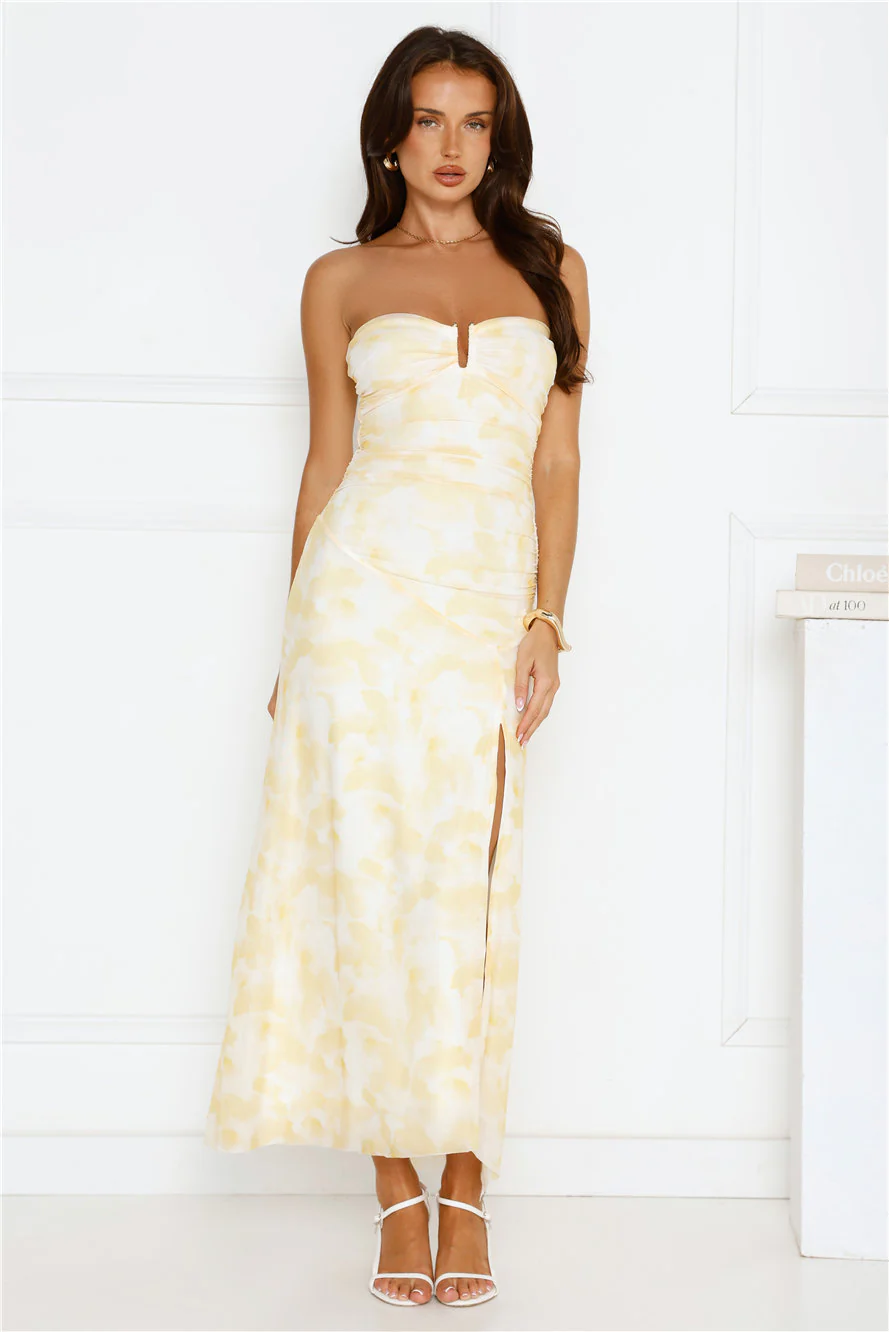 Gatsby Glow Strapless Mesh Maxi Dress Yellow