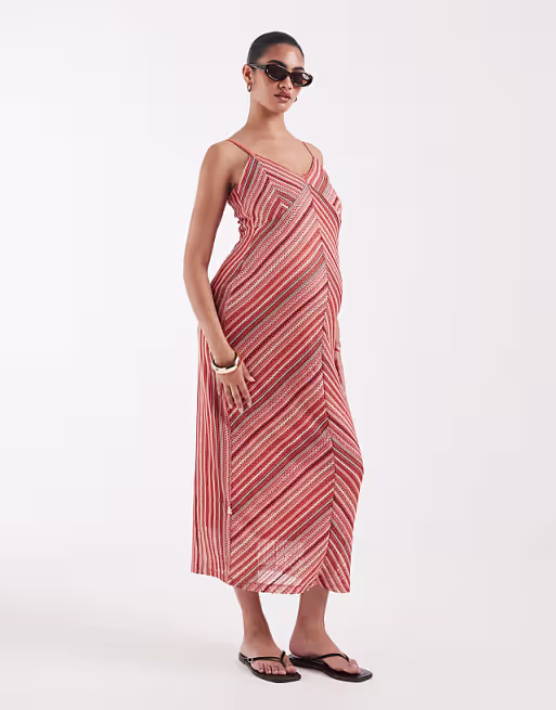 Vero Moda Maternity chevron knit crochet cami midi dress in pink
