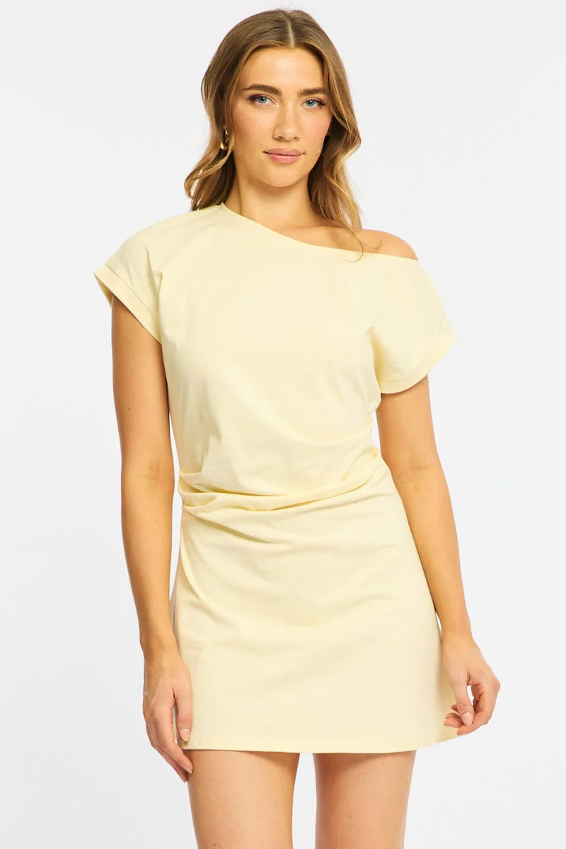 Yellow Asymmetrical Neckline Mini Dress