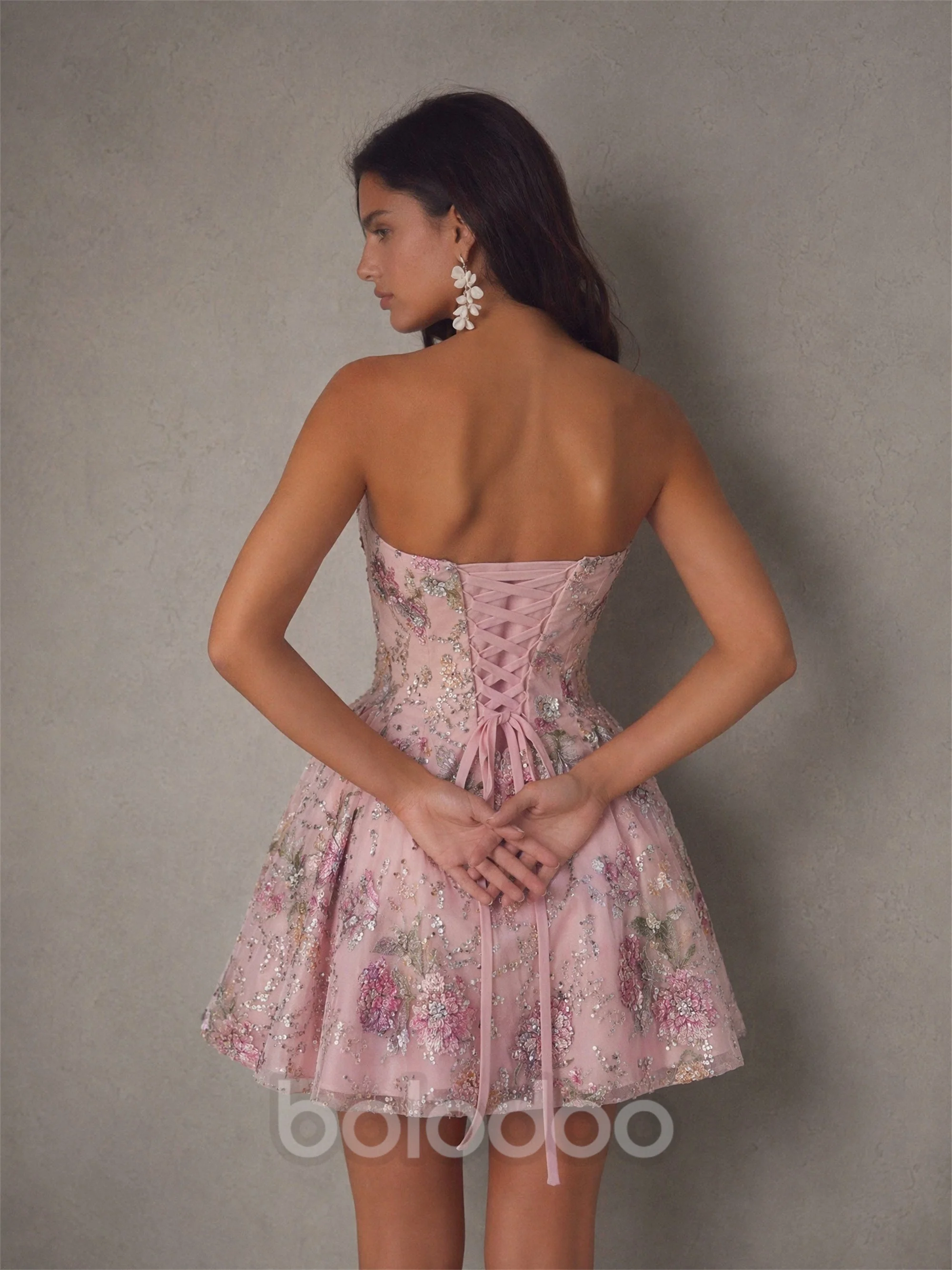 BOLODOO Pink Floral Sequin Strapless Corset Mini Dress