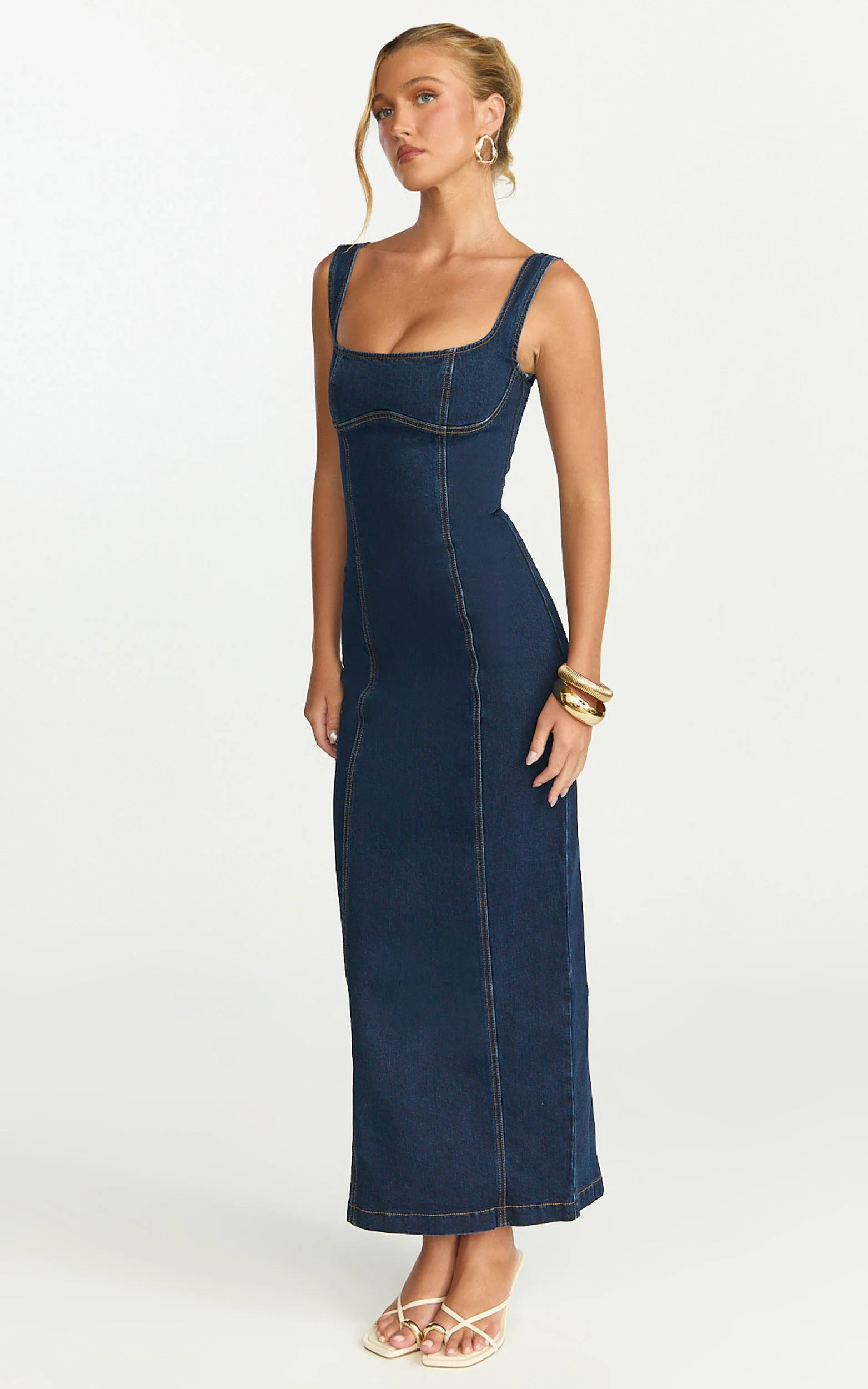 Kristie Maxi Dress - Wide Neck Corset Detail Denim Dress in Dark Blue