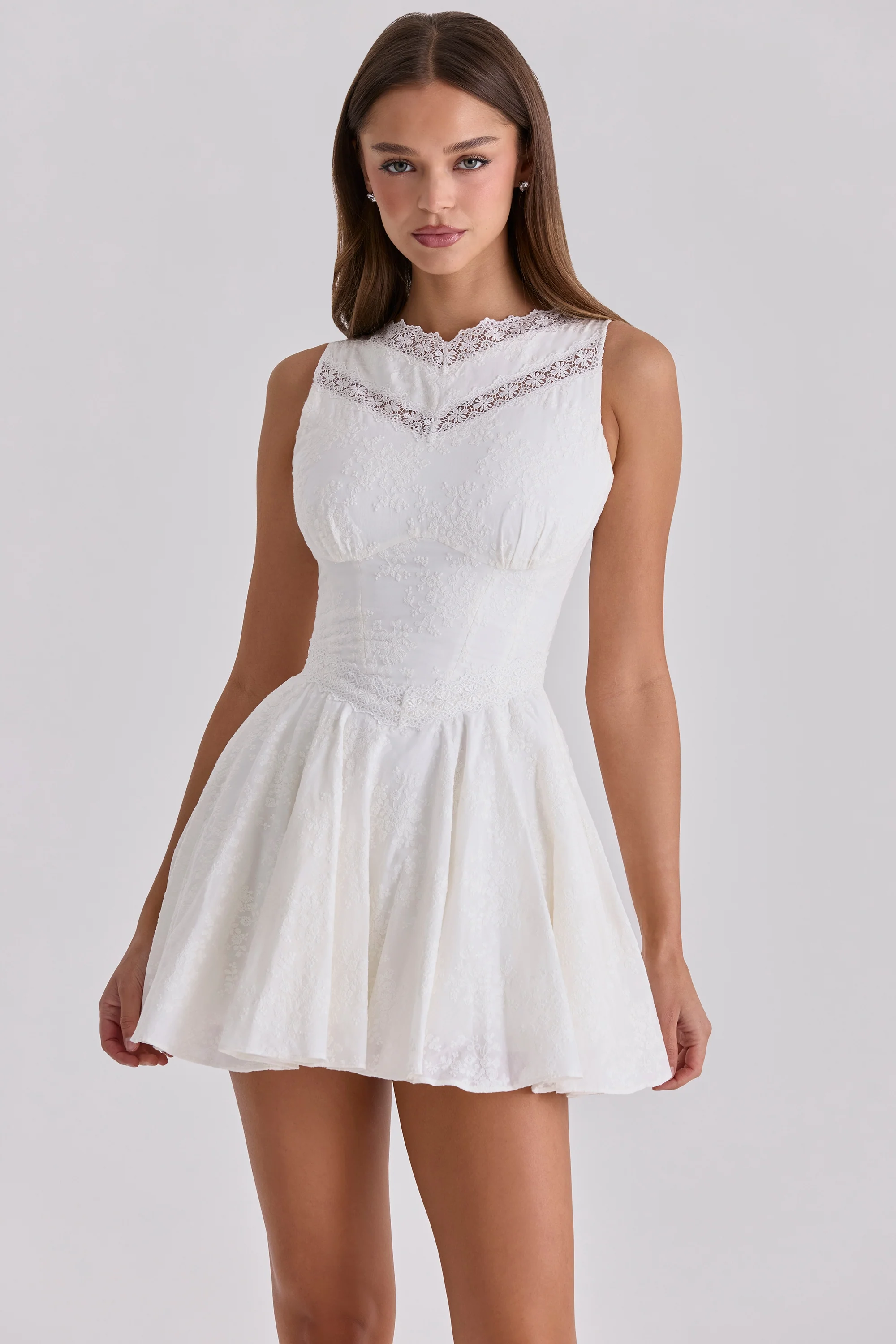 white embroidered cotton lace trim mini dress