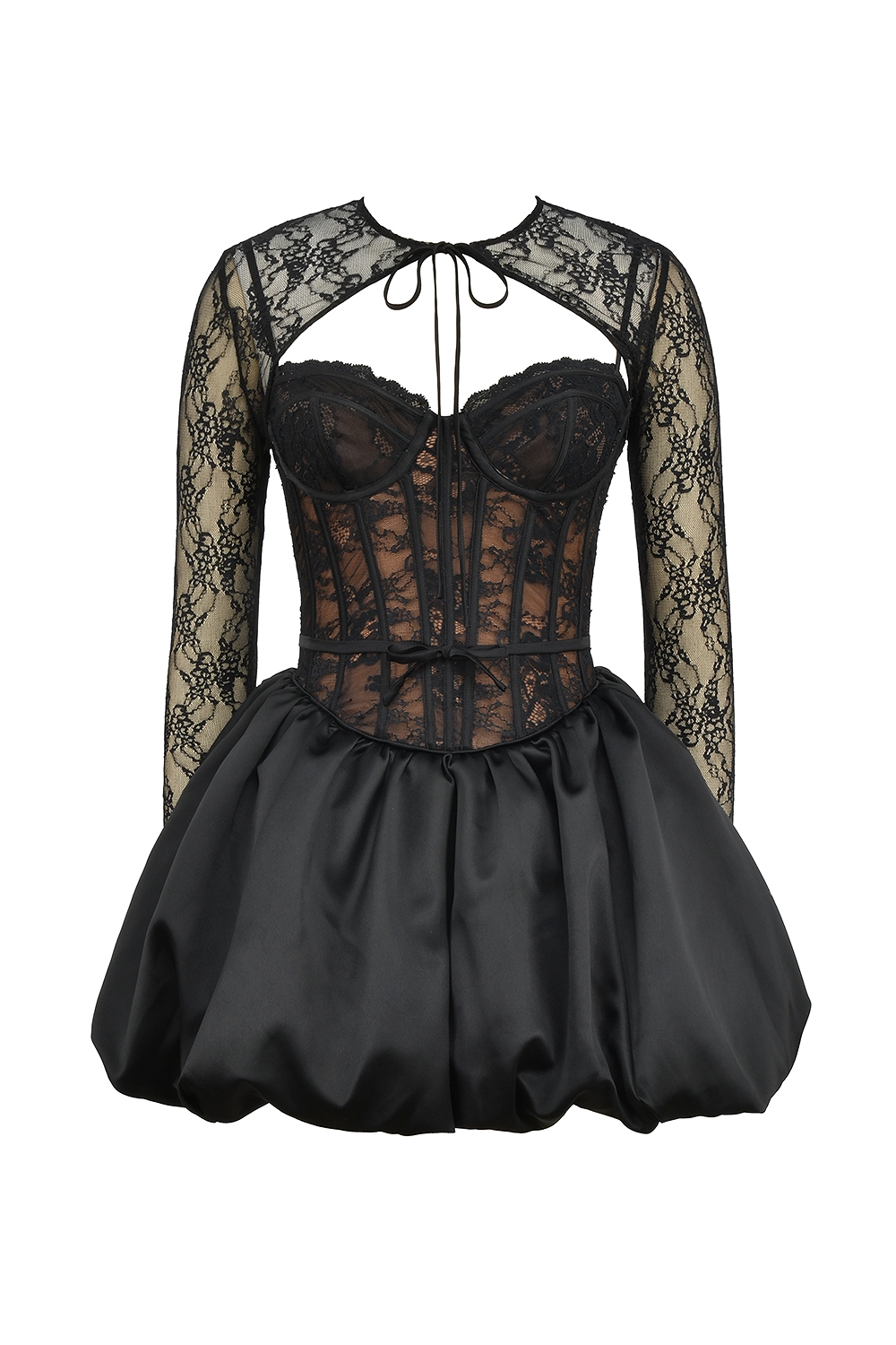 Black Lace Puffball Mini Dress