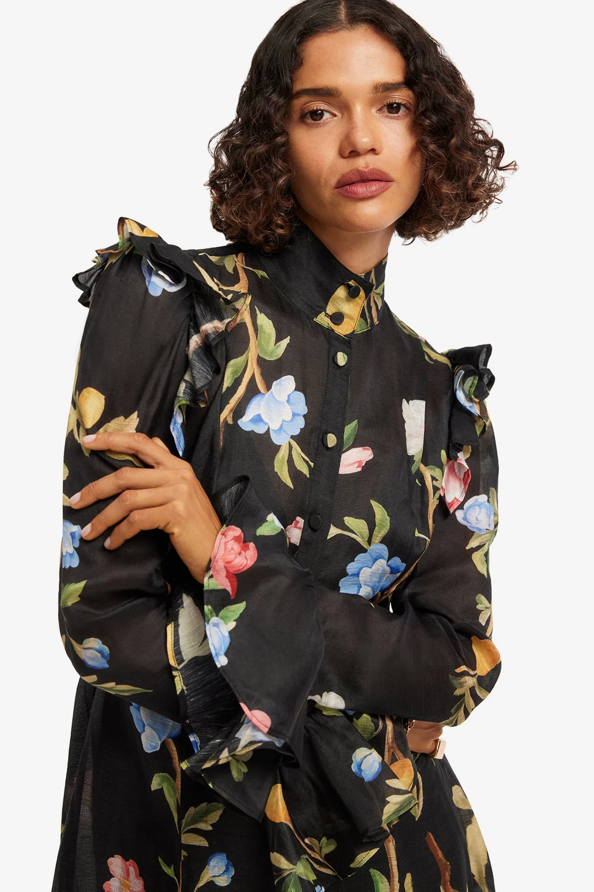 Katrina Butterfly Sleeve Midi Dress - Lemon Vine Print in Ebony