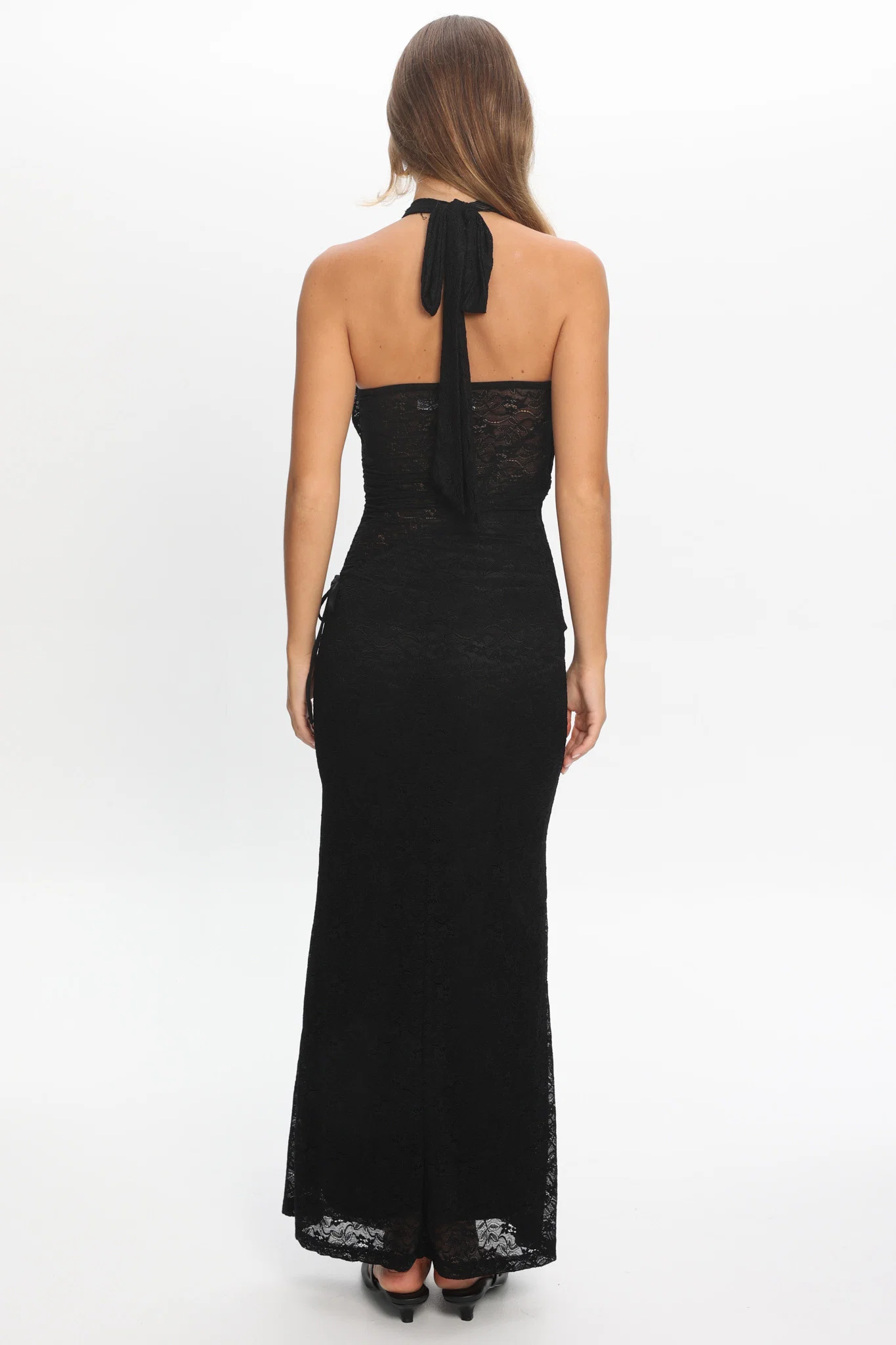 Karmella Cross-Front Lace Halter Maxi Dress Black