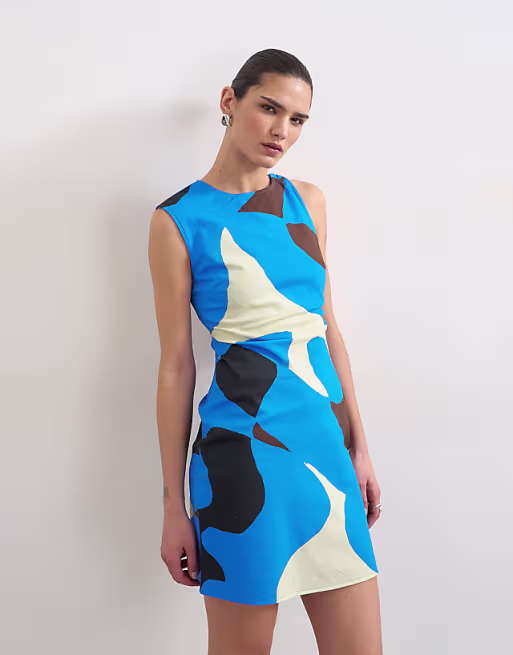 Topshop linen look open back mini dress in bold blue abstract print