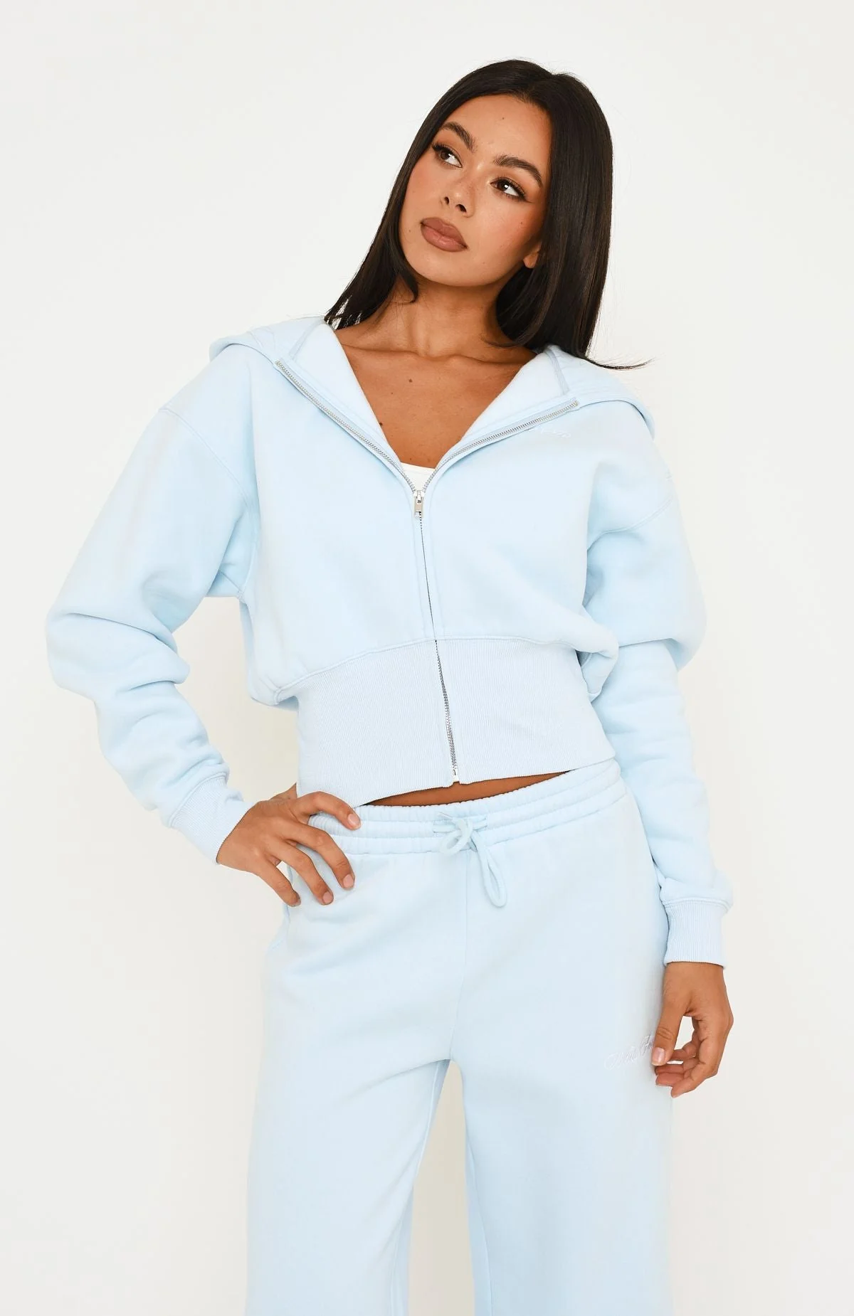 Wishing For It Cropped Cinched Zip Front Hoodie Blue