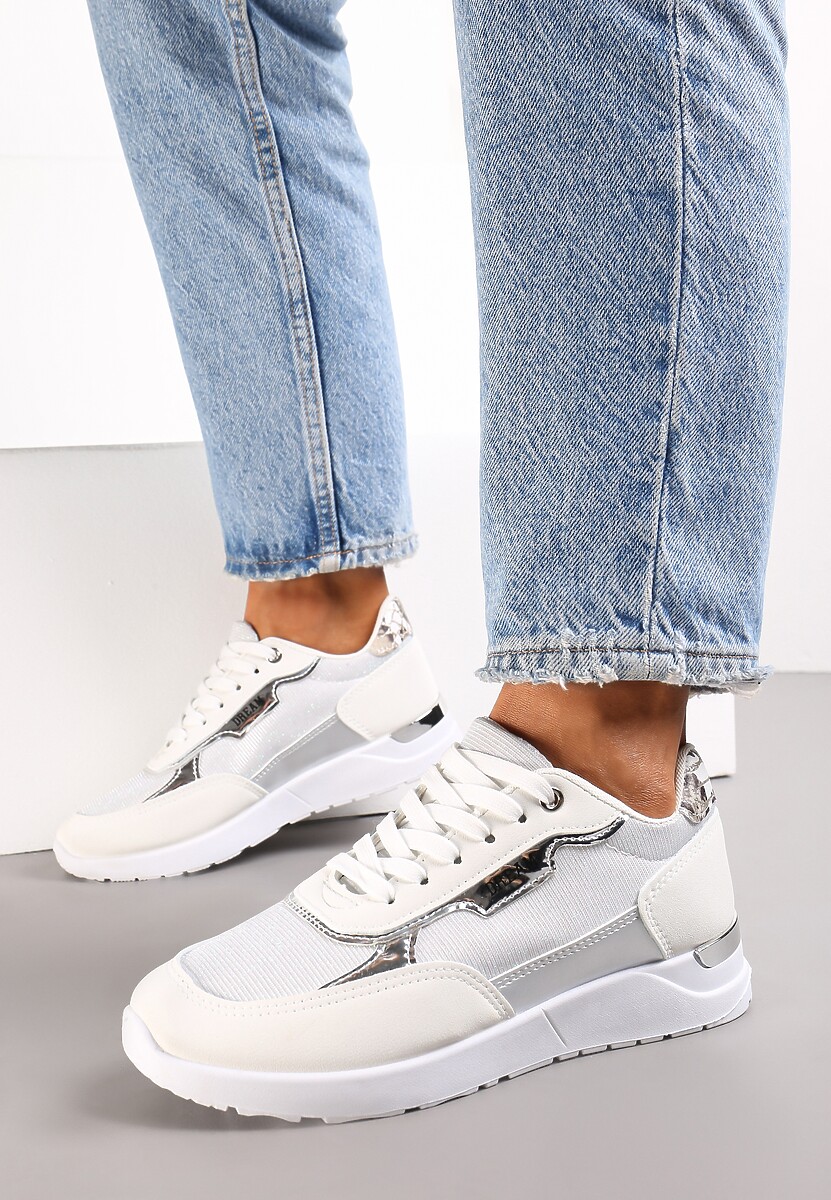 Białe Brokatowe Sneakersy z Metalicznymi Wstawkami Decima
