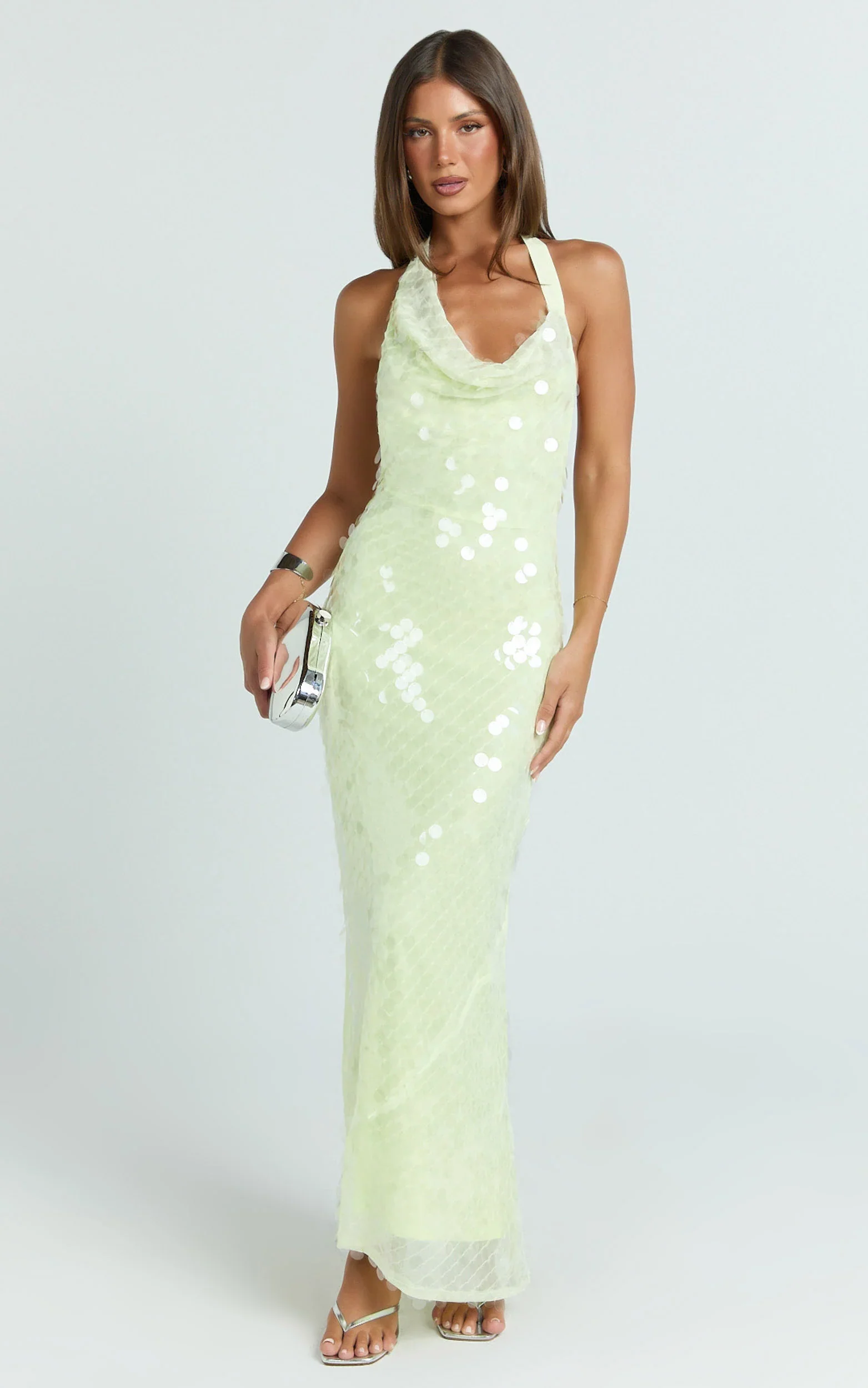 Lucy Maxi Dress - Sequin Cowl Neckline Dress in Citrus