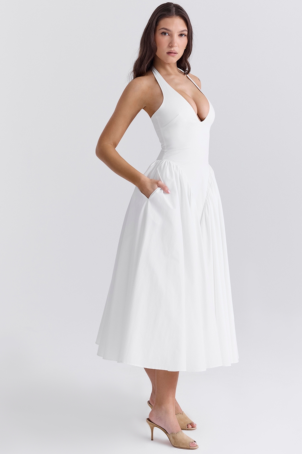 White Cotton Halter Midi Sundress
