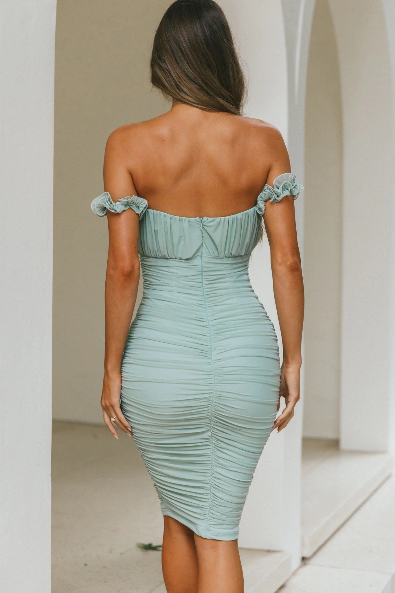 Senorita Off-Shoulder Lettuce Edge Detail Ruched Knee Length Dress Pistachio