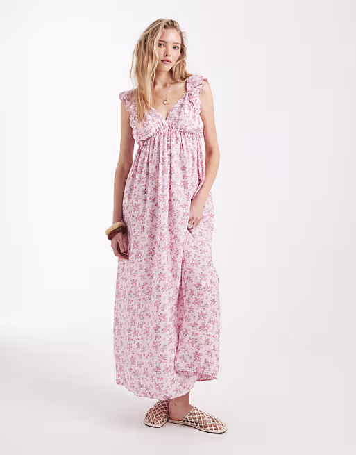 Vero Moda ruffle shoulder V-neck maxi dress in pink floral print