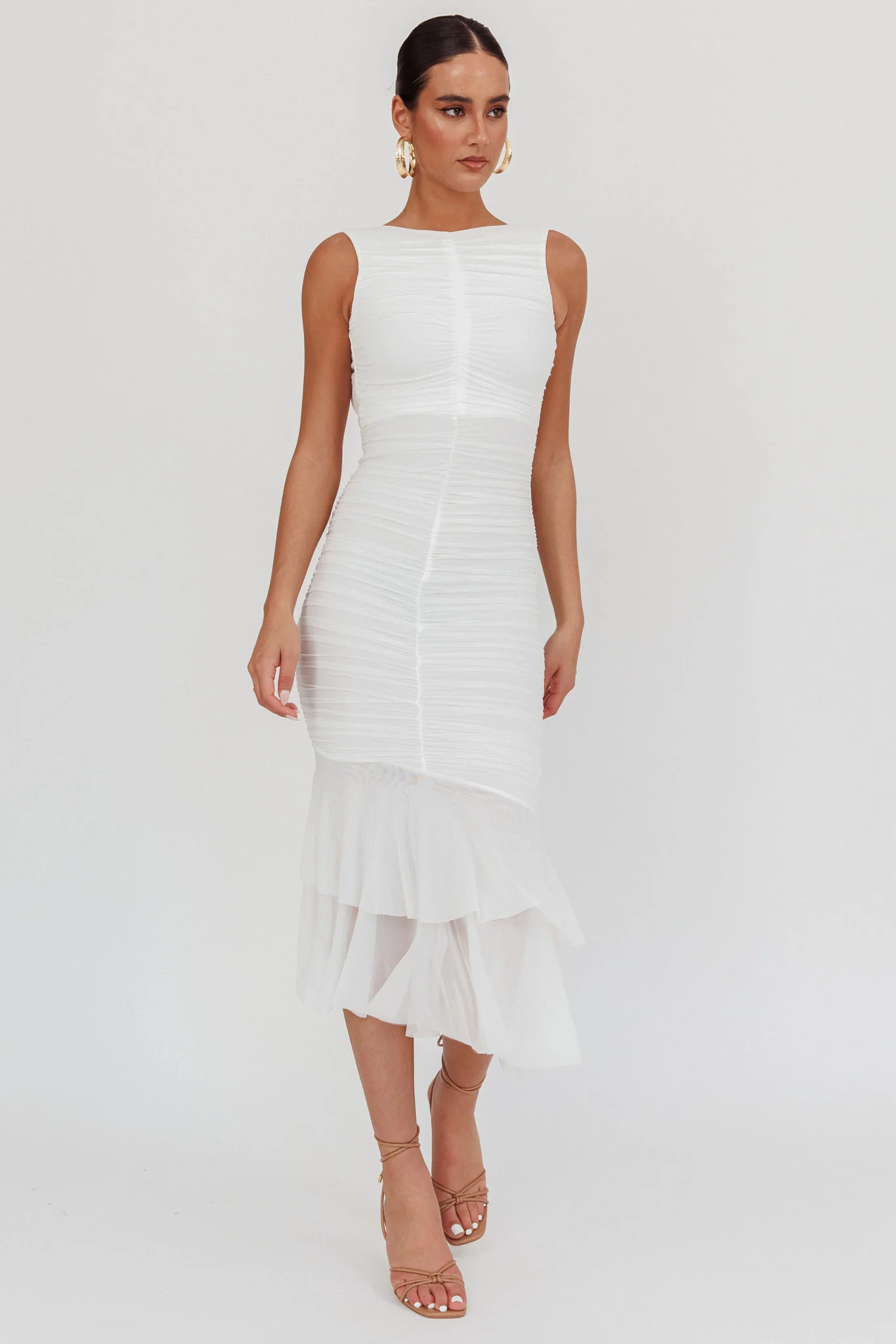 Nadia Sleeveless Ruched Midi Dress White