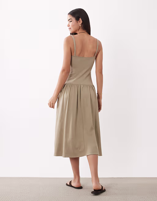 Mango cotton rich dropped waist midi dress in light green
