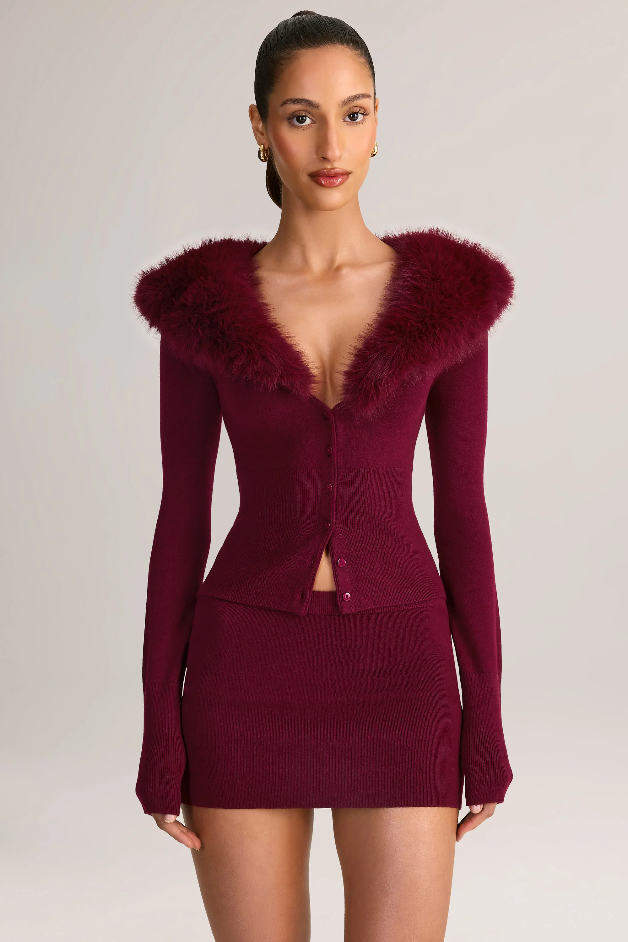 Knit Faux Fur-Trim Cardigan in Wine