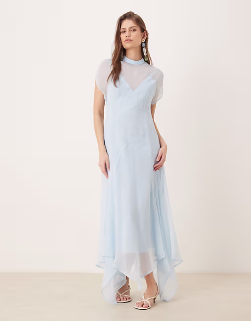 high neck handkerchief hem chiffon maxi dress in soft blue