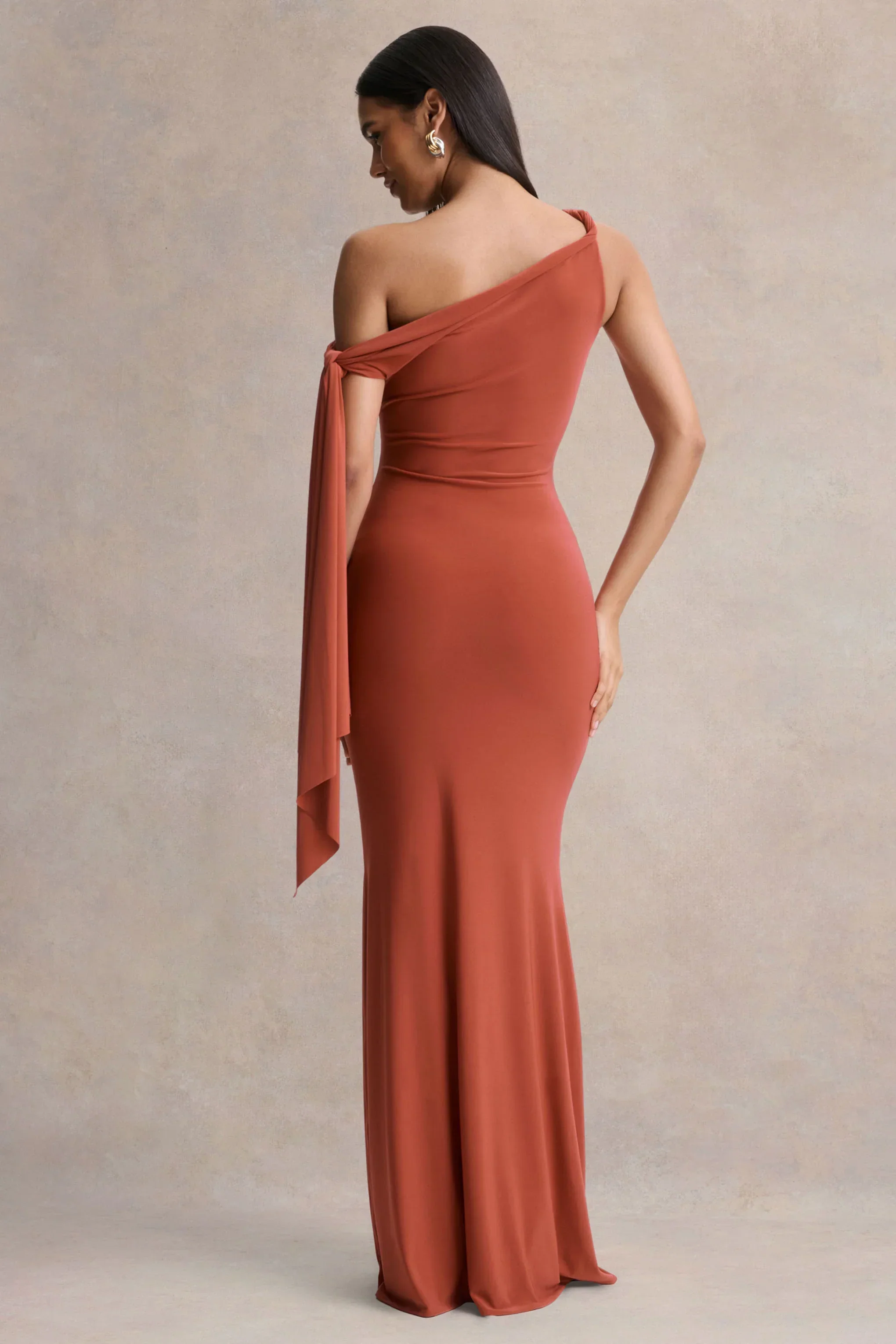 Vista | Rust Asymmetric-Neck Maxi Dress With Knot-Sleeve Detail