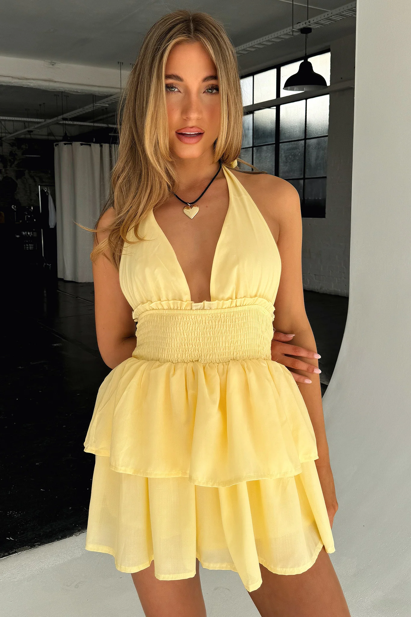 April Tiered Halter Mini Dress - Yellow - luluinthesky