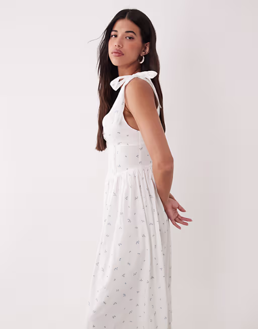 Gina Tricot pure cotton V-neck midi dress with corset waist in white flower print