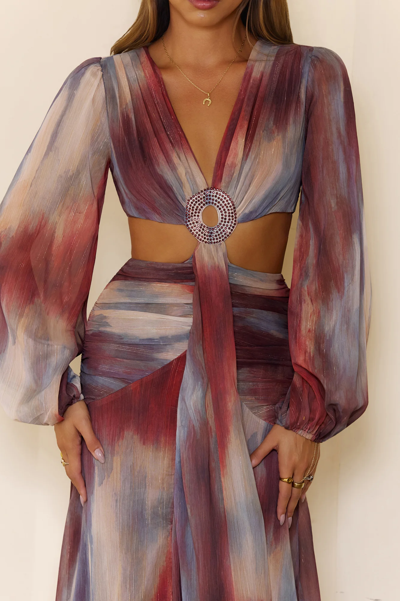 Shimmering Horizon Cutout Long Sleeve Maxi Dress Multi