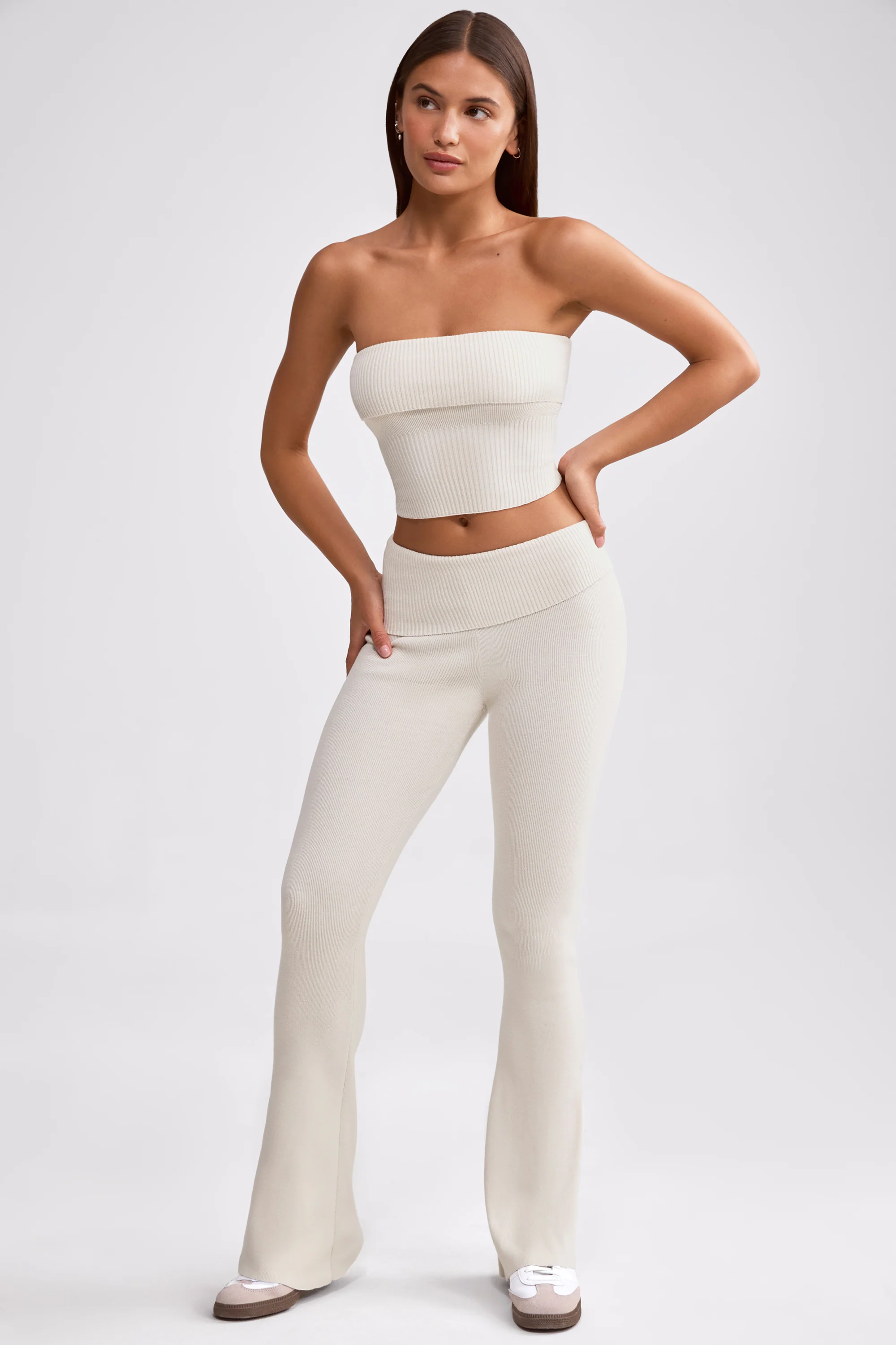 Chunky Knit Foldover Kick Flare Trousers in Cream