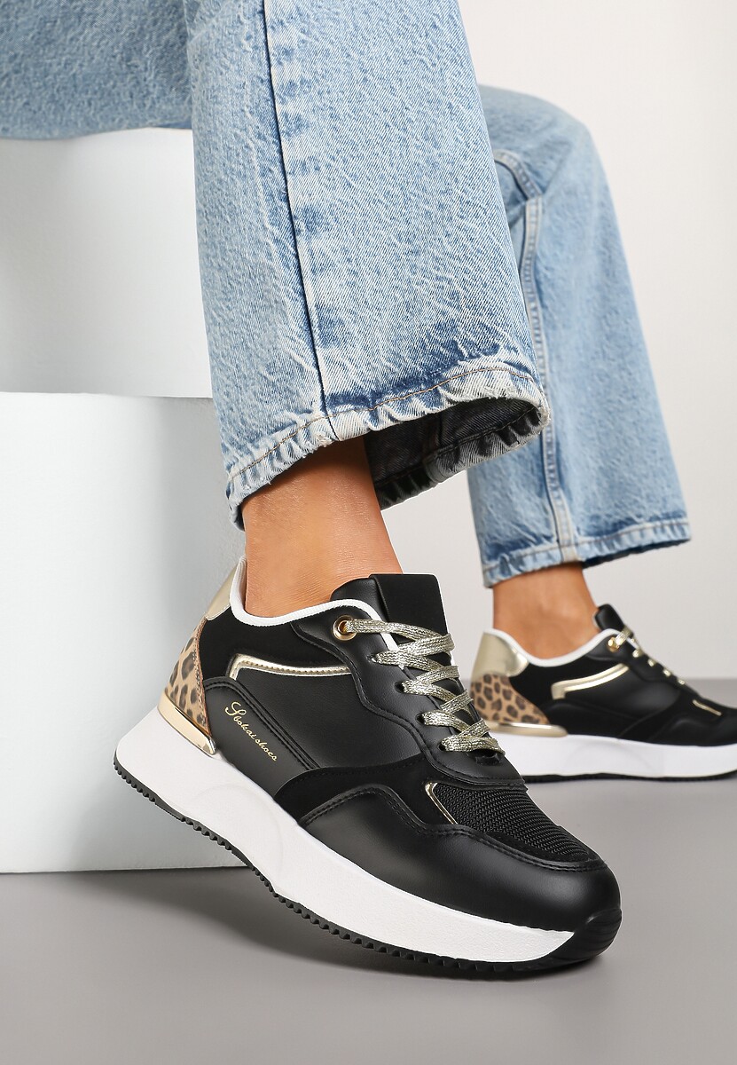 Czarne Sneakersy z Panterką i Napisem Raccaria