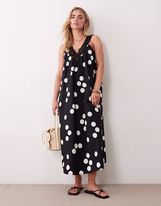 Petite v-neck smock poplin maxi dress with lace overlay in black and white polka dots