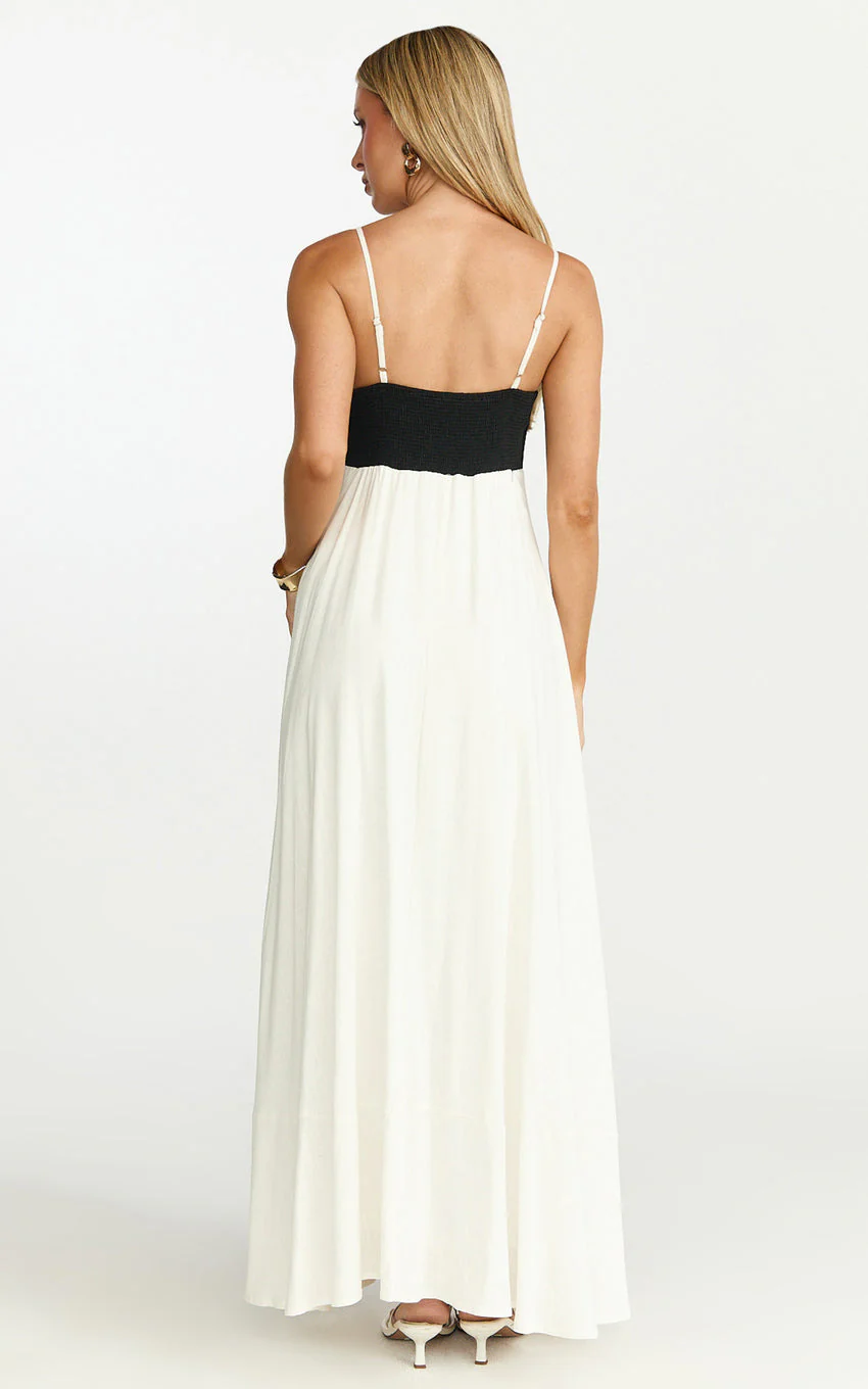 Katrien Maxi Dress - Strappy Empire Waist Flare Dress in Black & White - luluinthesky
