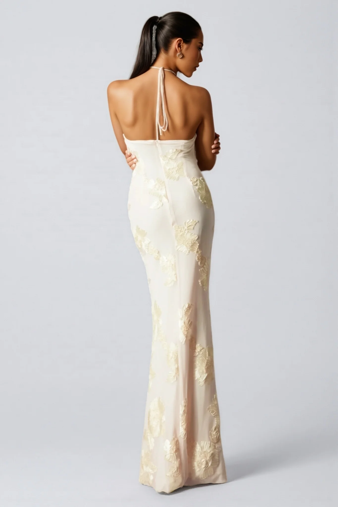 Jacova Flower Halter Embroidery Maxi Dress