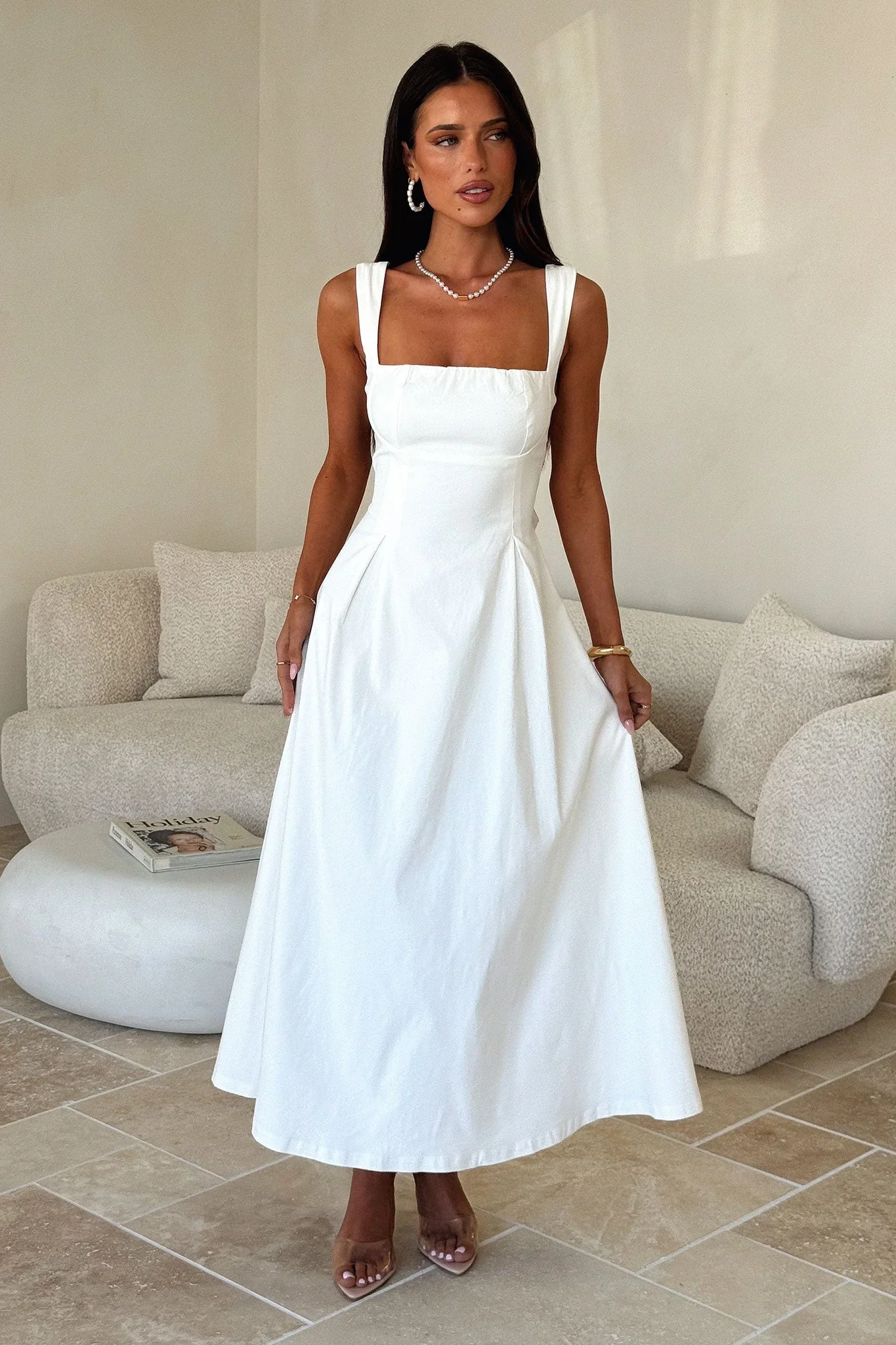 Chantelle Square Neck Midi Dress - White - luluinthesky