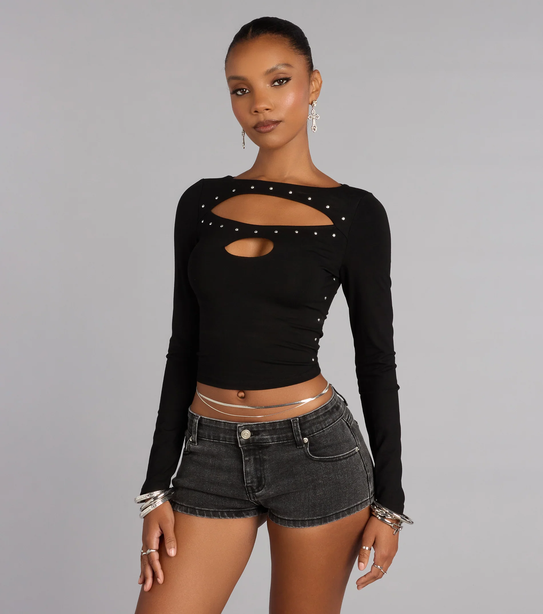 All Eyes On You Studded Cutout Long Sleeve Top