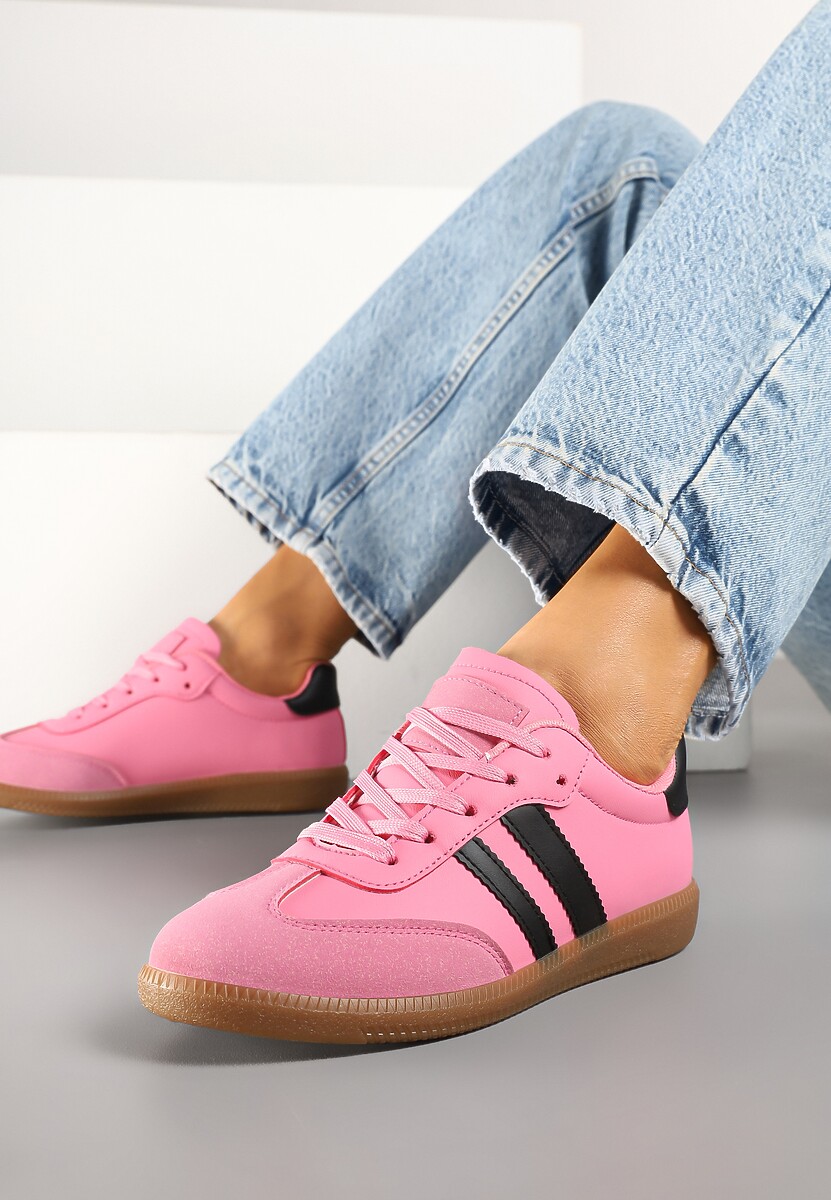 Różowe Sneakersy Sportowe Tenisówki z Modnymi Przeszyciami i Paskami Zarelna