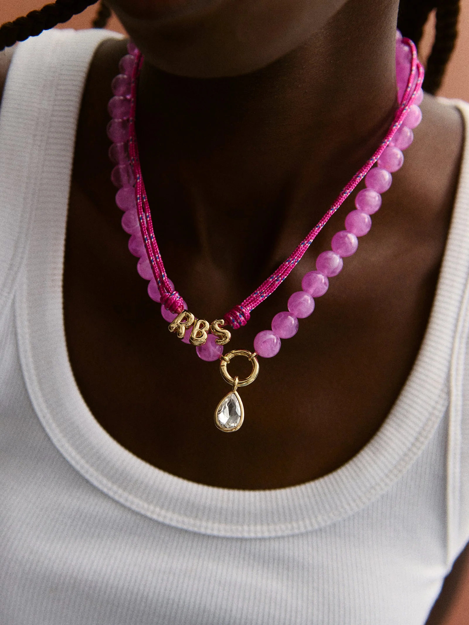 Janette Beaded Ring Necklace - Fuchsia Agate Bead