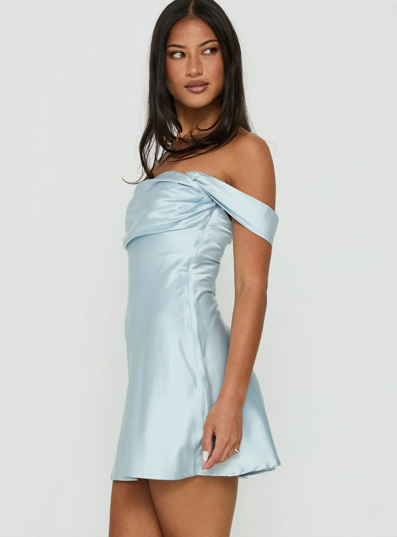 Zabbarra Satin Off The Shoulder Mini Dress Blue - FASHION NOB