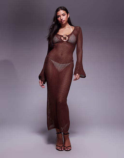 South Beach crochet maxi beach dress in brown