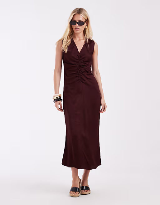 & Other Stories ruche front maxi dress with v-neck in chocolate brown