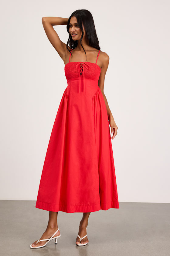 Laylie Red Poplin Lace-Up Midi Dress
