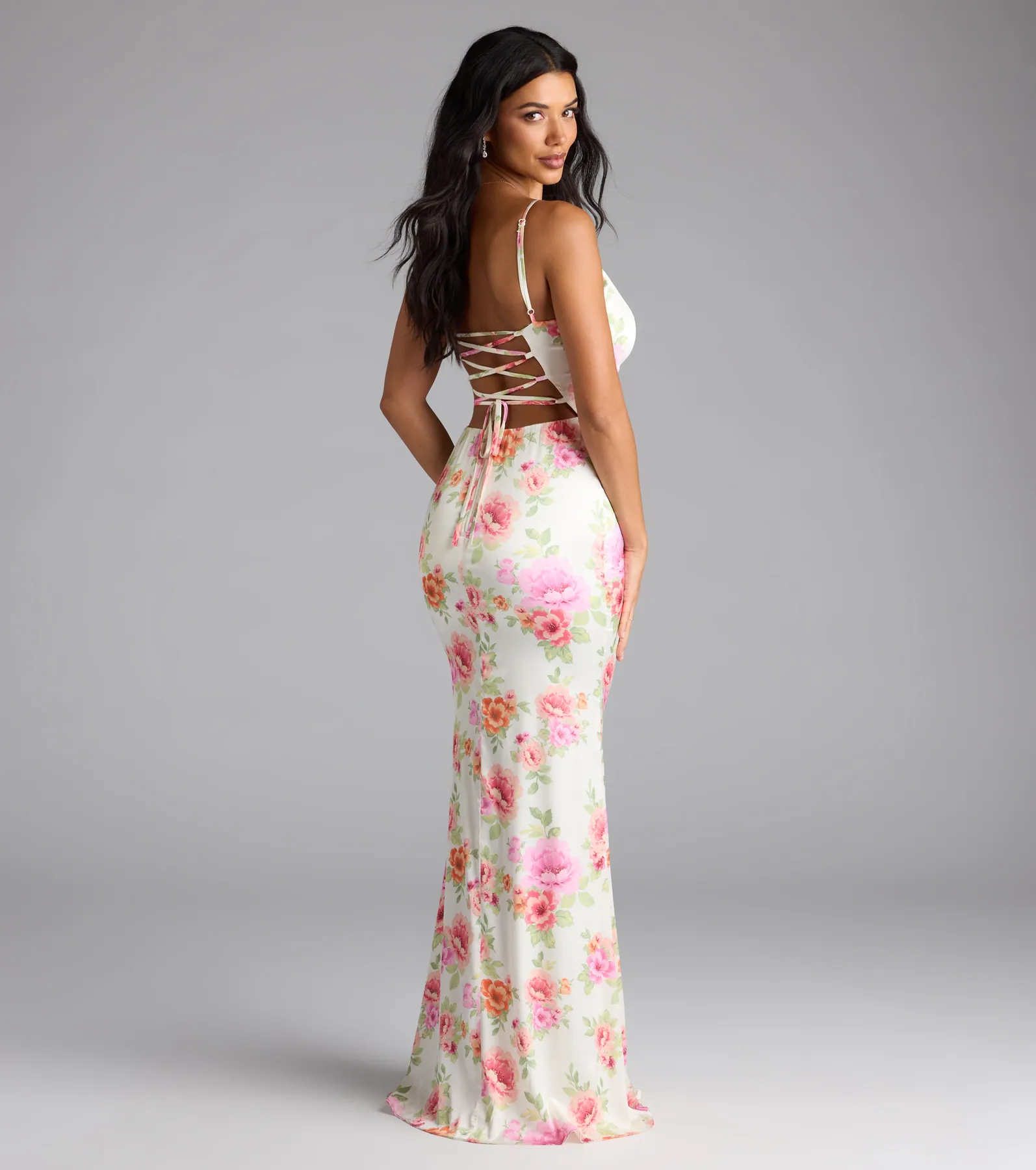 Emely Lace-Up Mermaid Floral Satin Formal Dress