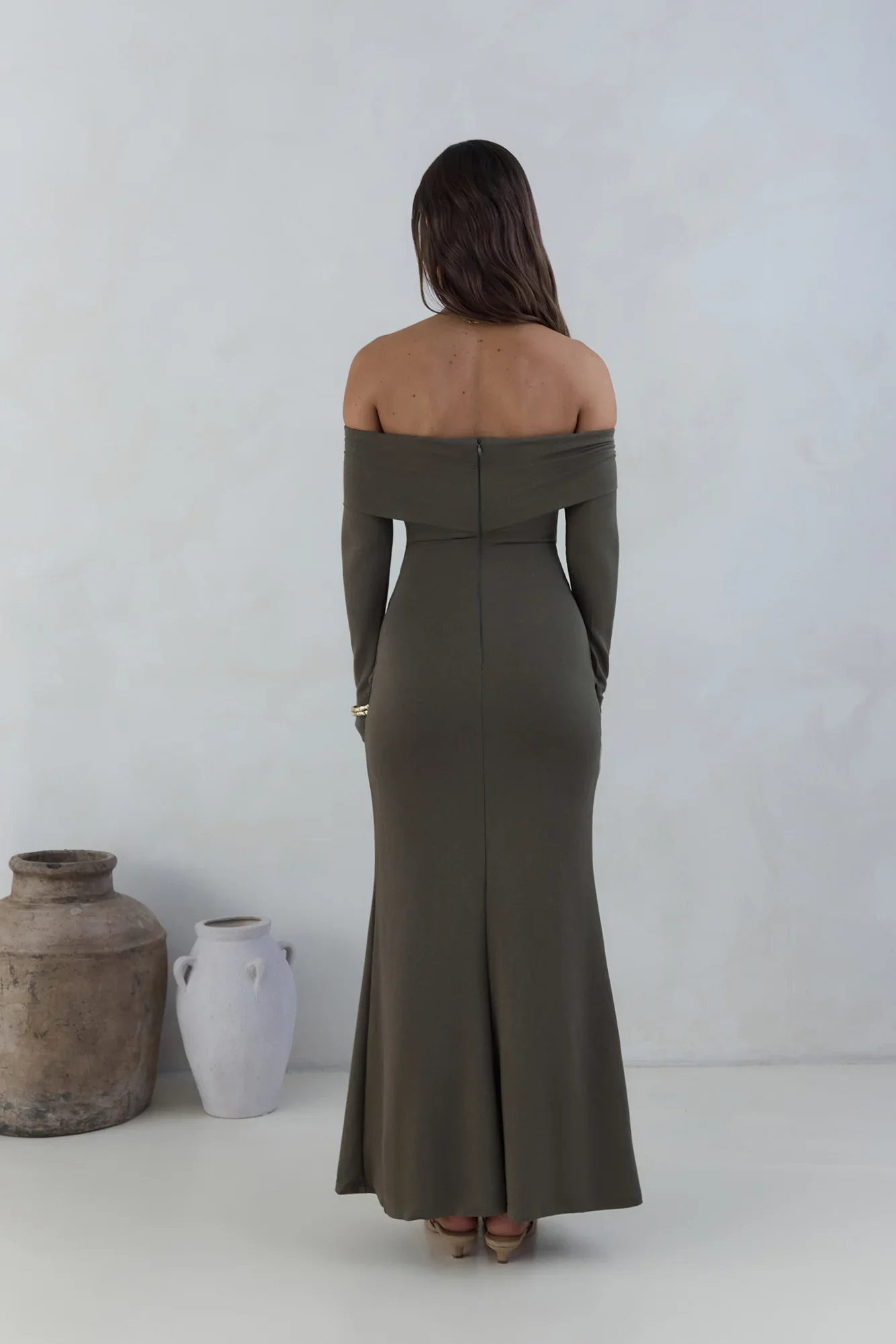 The Getaway Edit Off Shoulder Maxi Dress Olive