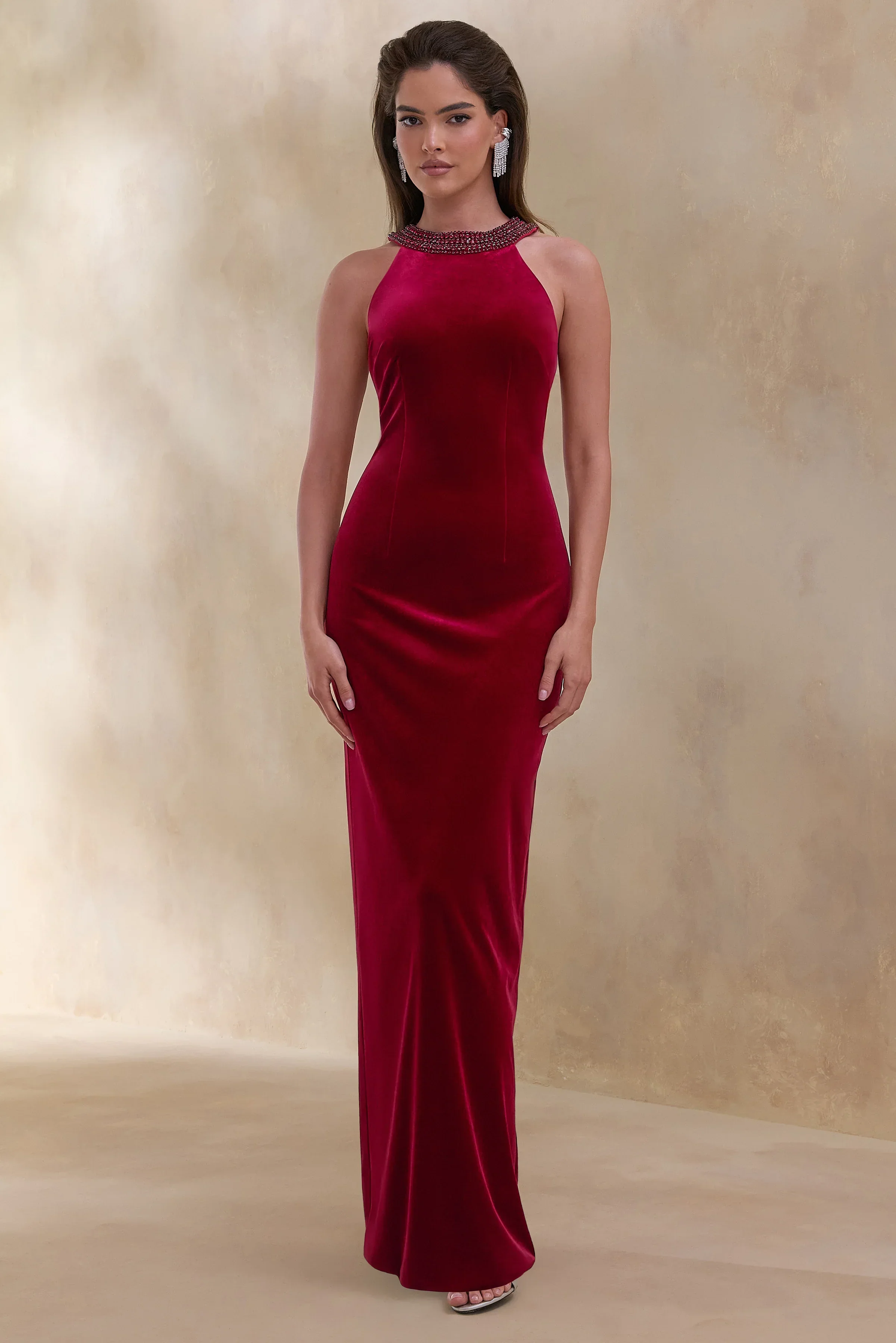 Darya | Burgundy Velvet Embellished High-Neck Maxi Dress