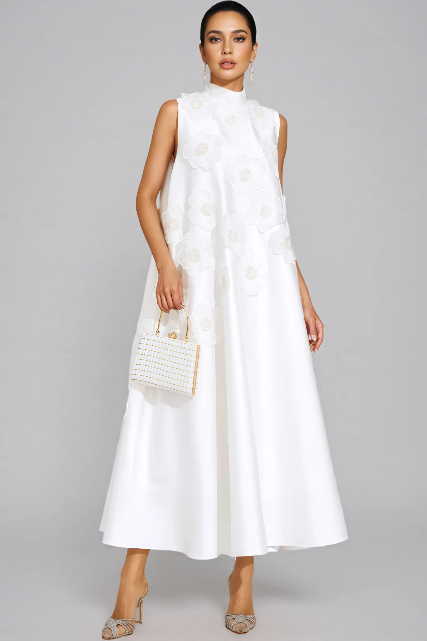 Jaxsty White Flowers Sleeveless Maxi Dress