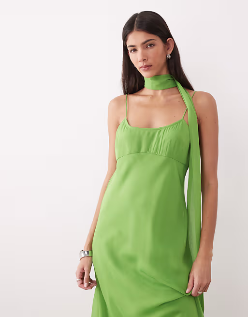 midi slip dress with scarf in green