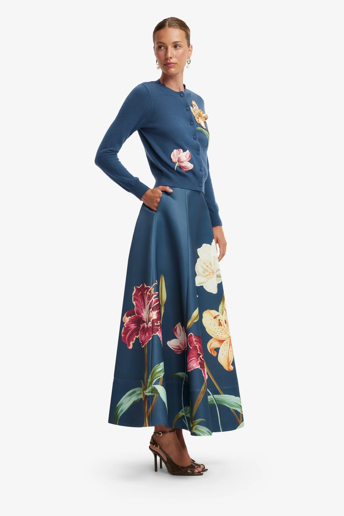 Claire Embroidered Cashmere Blend Cardigan - Lily Print in Indigo