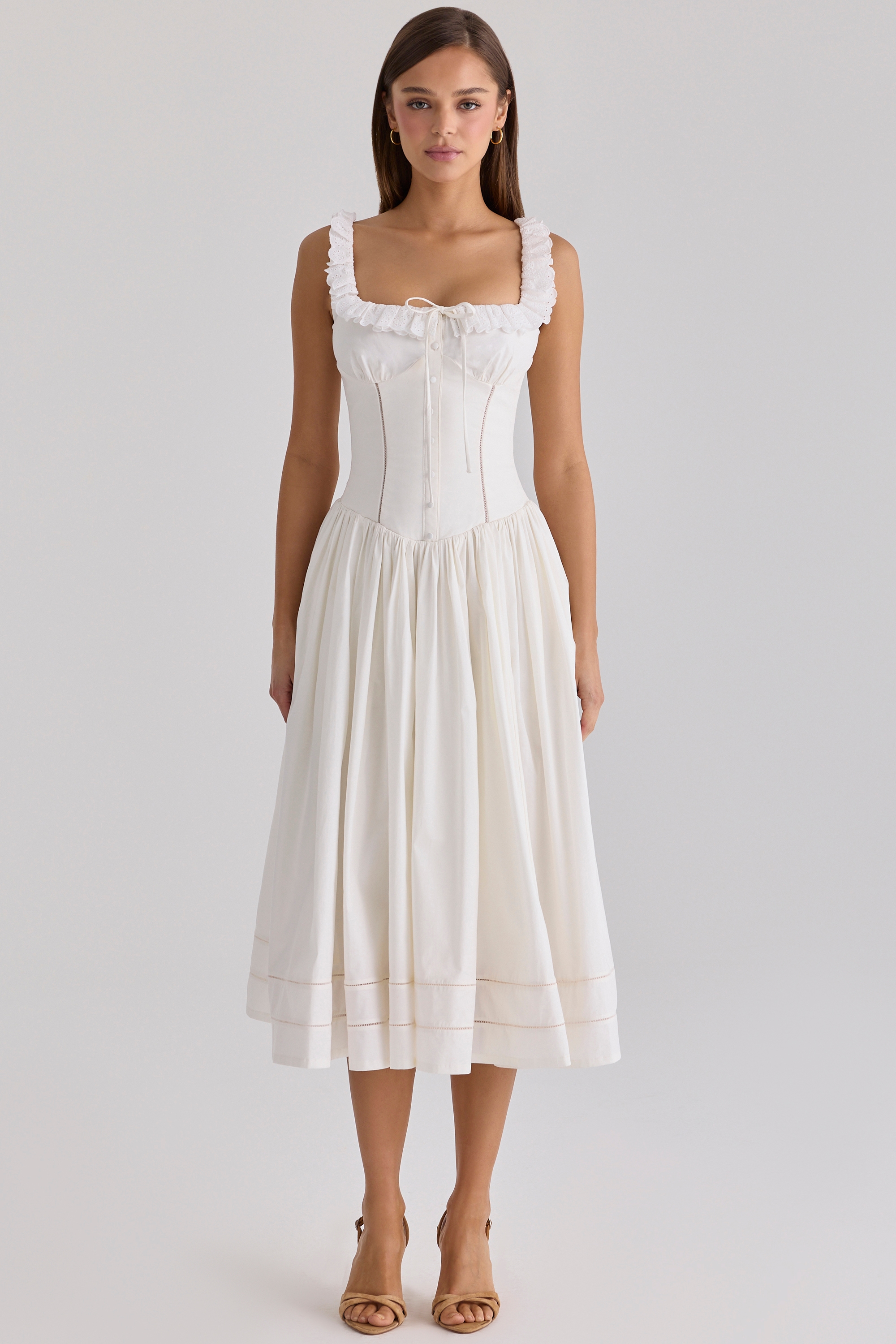 White Cotton Broderie Anglaise Trim Midi Dress
